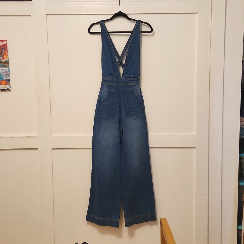 Cross Back Dollhouse Denium Jean Jumpsuit/Overalls w Deep Front Plunge Neckline